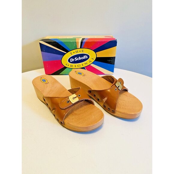 Dr Scholls Women Size 10 M Wood Exercise Clog Sandal Tan Leather Slide Shoe New - Picture 1 of 15